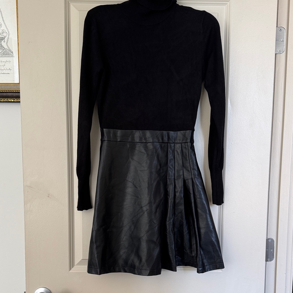 BCX Black Long Sleeve Midi Dress with Faux Leather Skirt